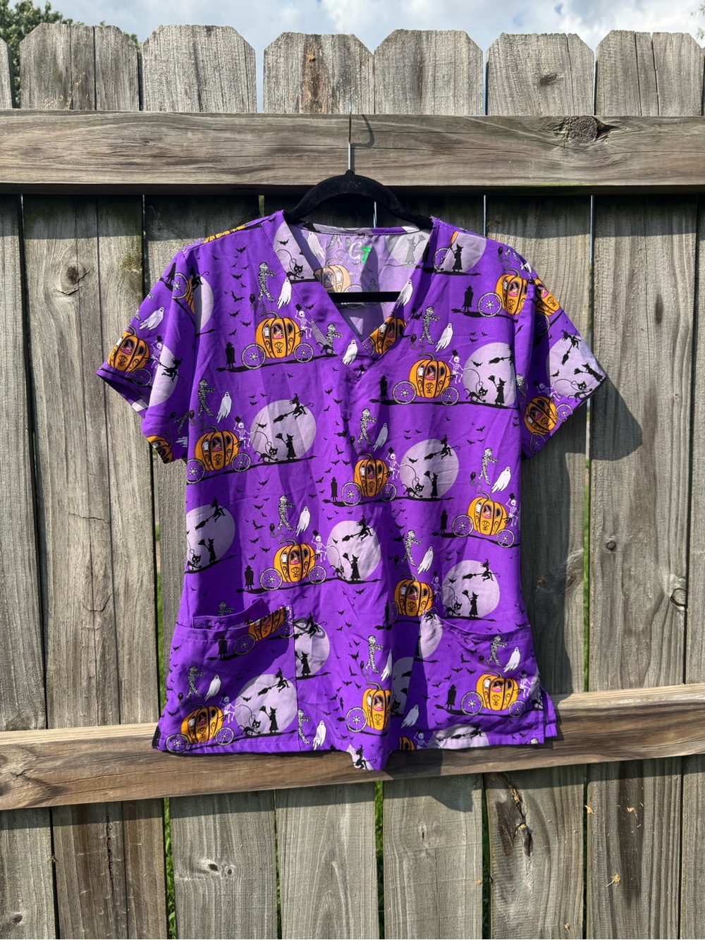 Halloween Pumpkin Carriage V-Neck Scrub Top - Purple